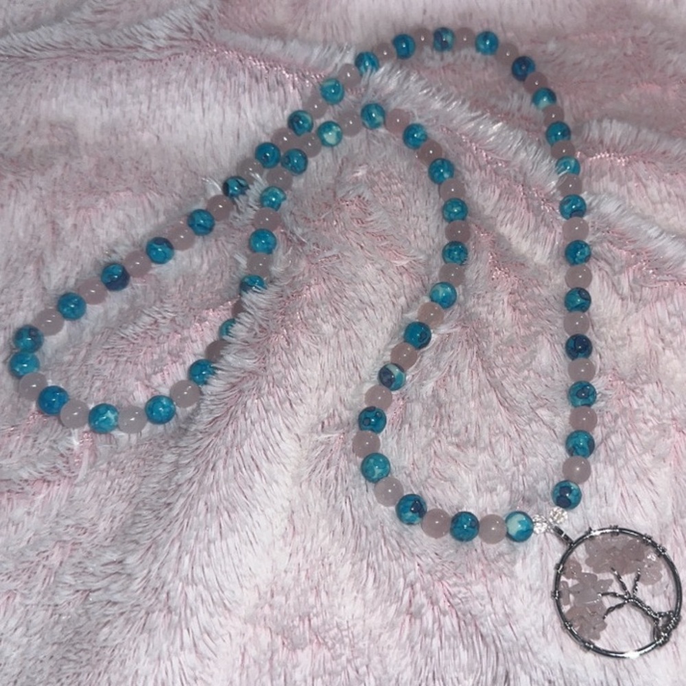Candy Tree Necklace (Purple/ Blue Rain Flower Jade And Rose Quartz) - Picture 12 of 12